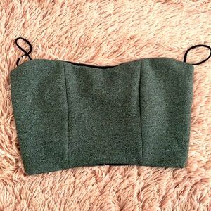 Charcoal grey top with skinny straps and zipper back.